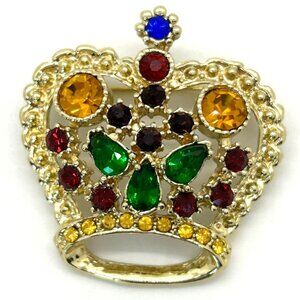 Vintage Crown Brooch Pin Gold-Tone With Multicolor Rhinestone